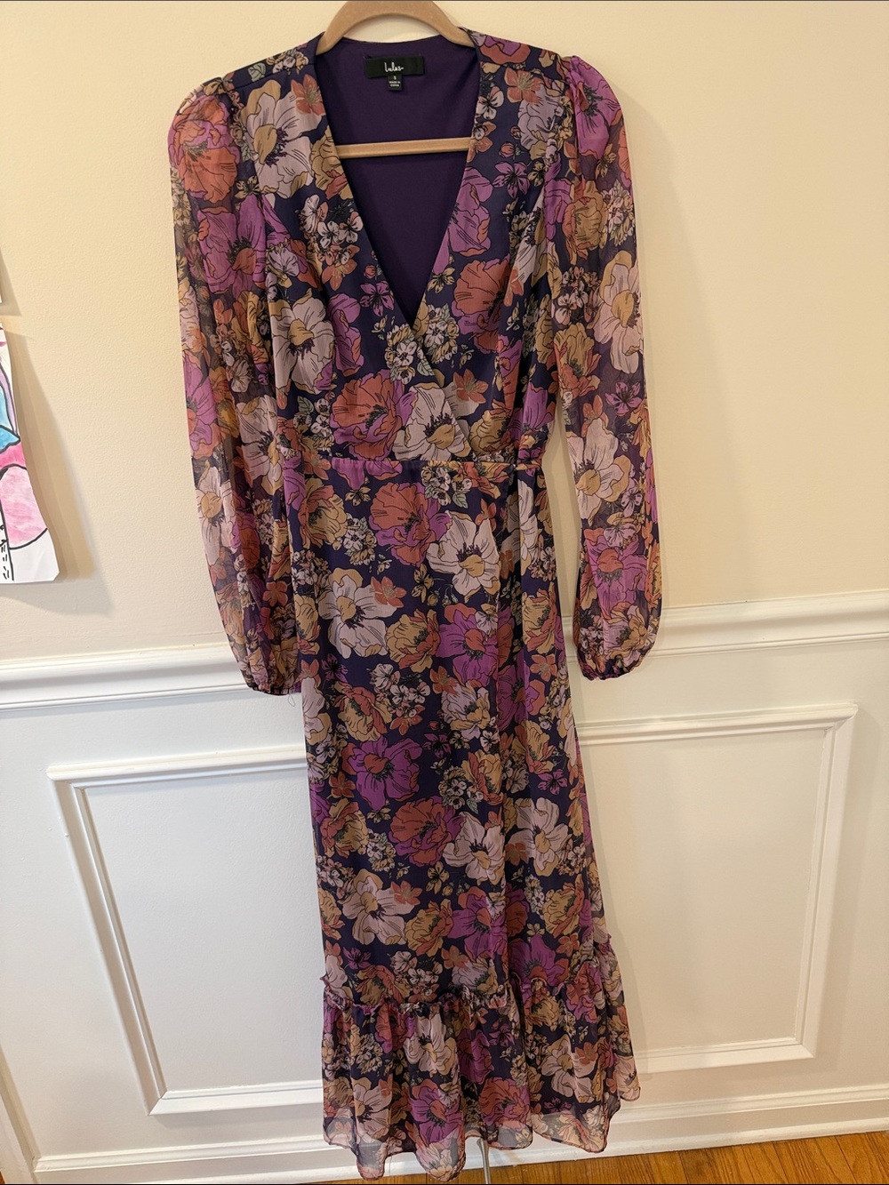 Lulu's Floral Purple Wrap Maxi Dress with Long Sheer Sleeves